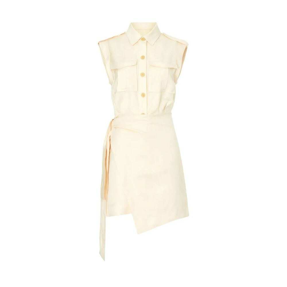 DEREK LAM COLLECTIVE Apron Wrap Dress Sleeveless Collared Belted Midi Beige